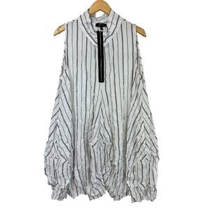 NWT Comfy USA  Black White Striped Crinkle Half Zip Balloon Tunic Top / Dress LG